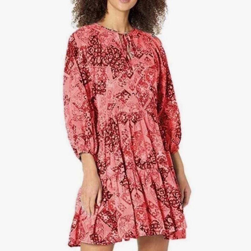 Calvin Klein Aztec Boho Layered Peasant Dress 3/4 Sleeve Keyhole or V-Neck